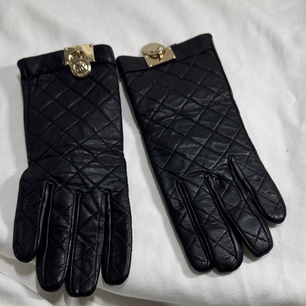 Michael Kors Black Quilted Leather Gloves with Gold Accents